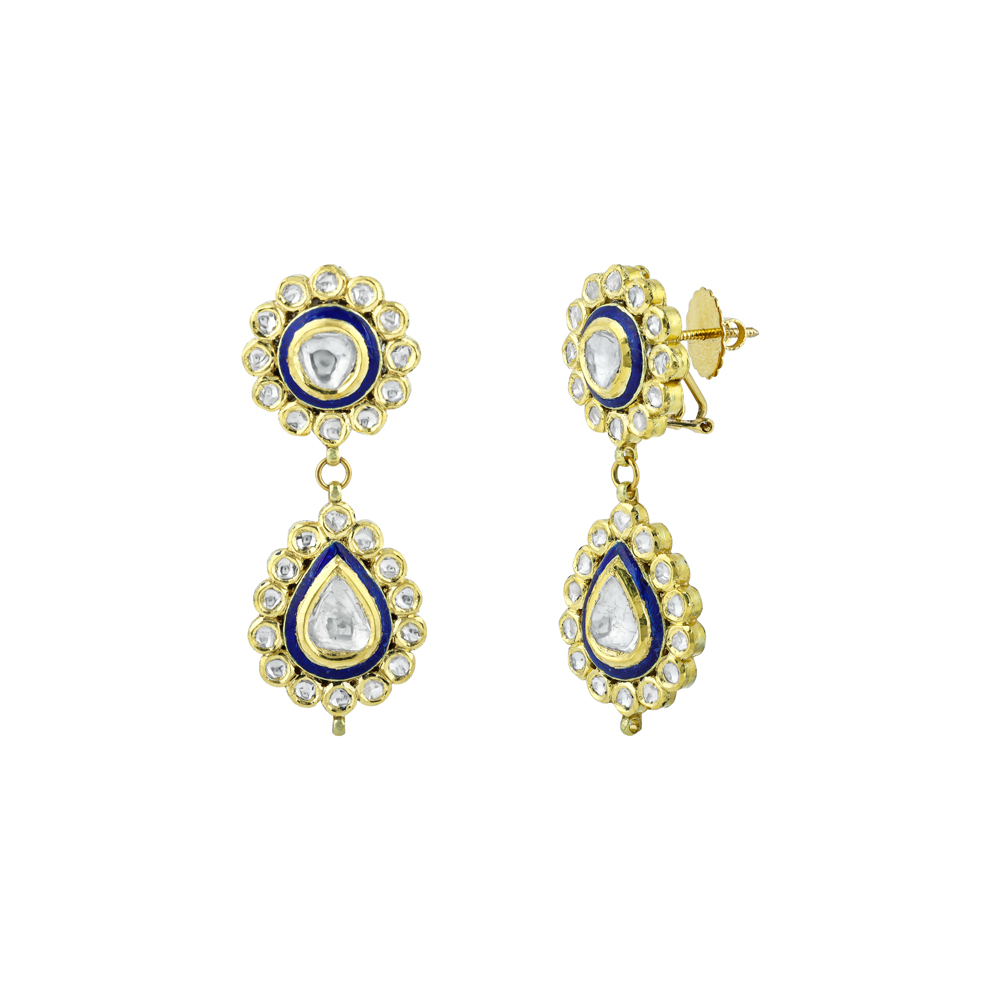 Polki Earrings with Blue Enamel and Drop